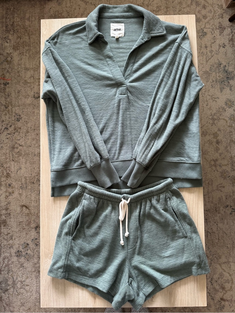 aerie Sage Green Pullover & Drawstring Shorts Lounge Set